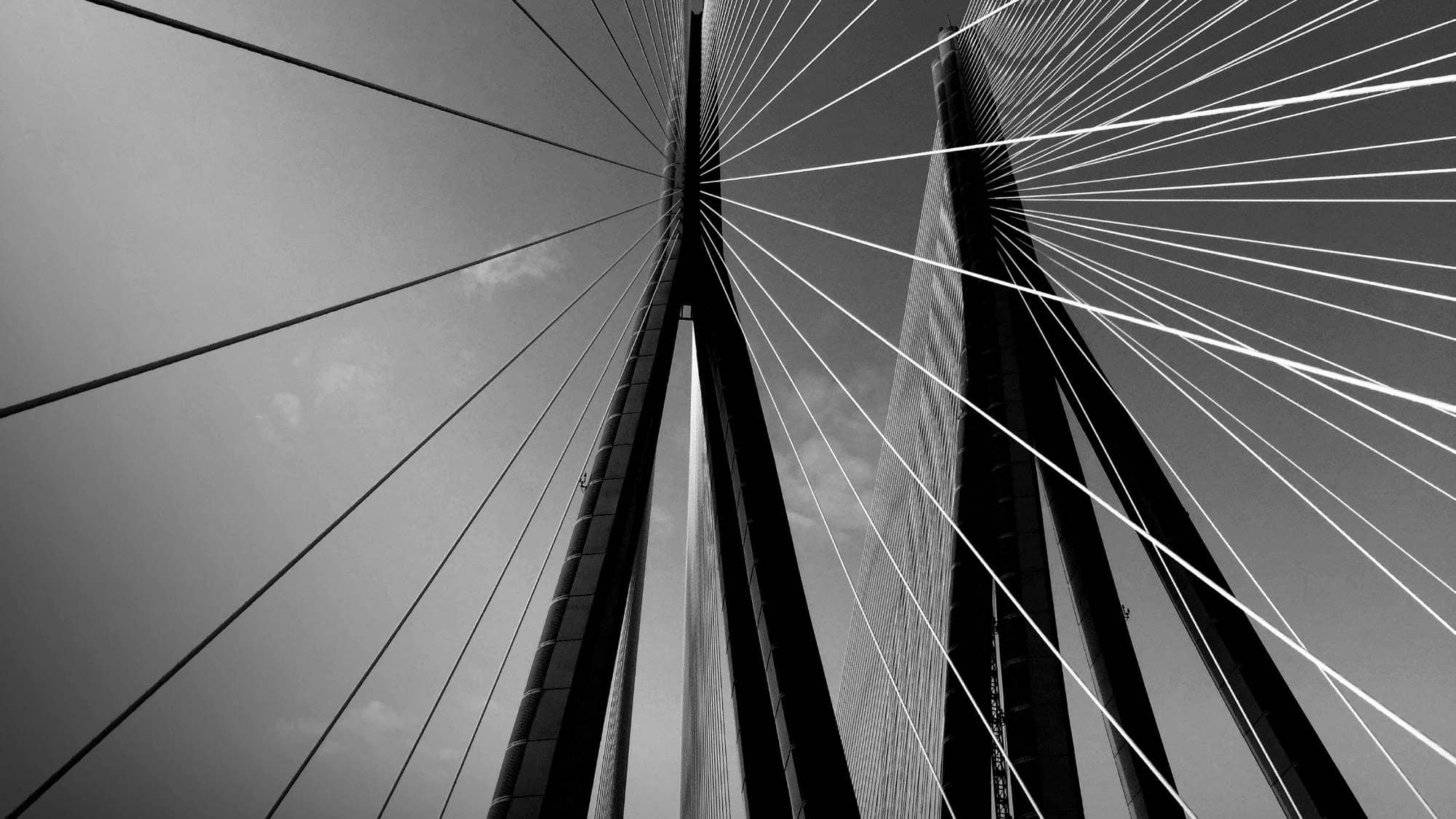 Haubans d’un pont suspendu en noir et blanc